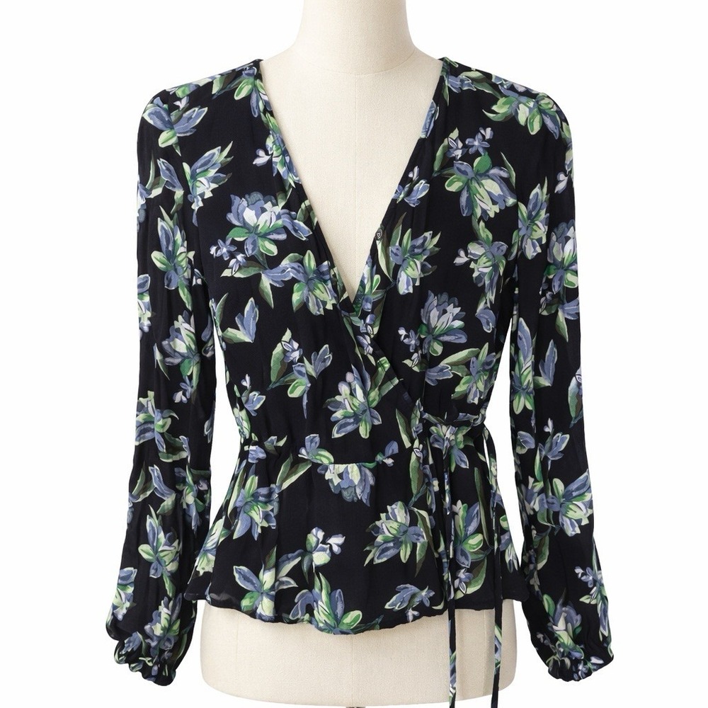Mauby XS Black Floral Wrap Blouse Tie Waist Long Sleeve Top